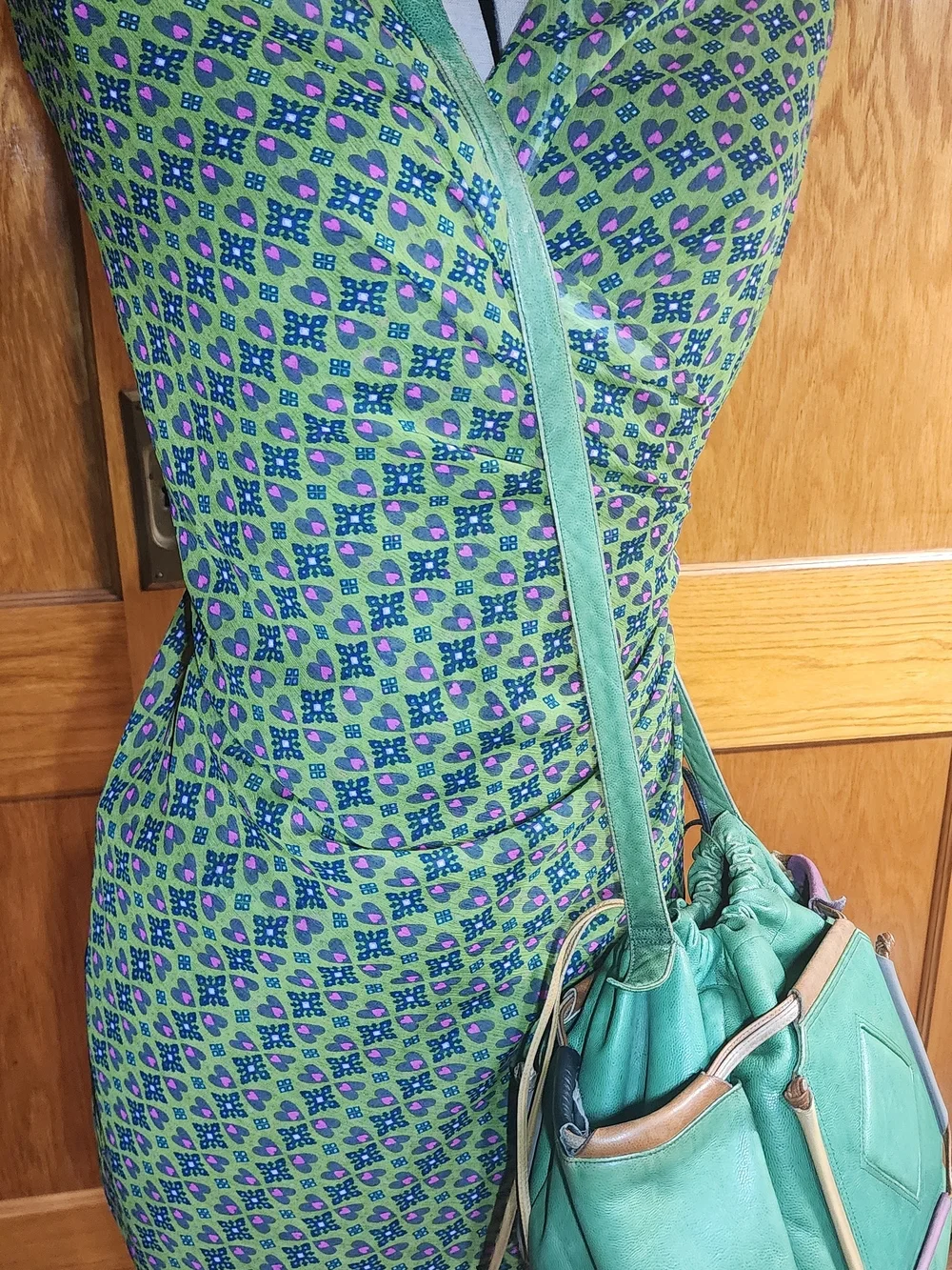 Sharif Green Leather Drawstring Bucket Bag with Multicolor Trim